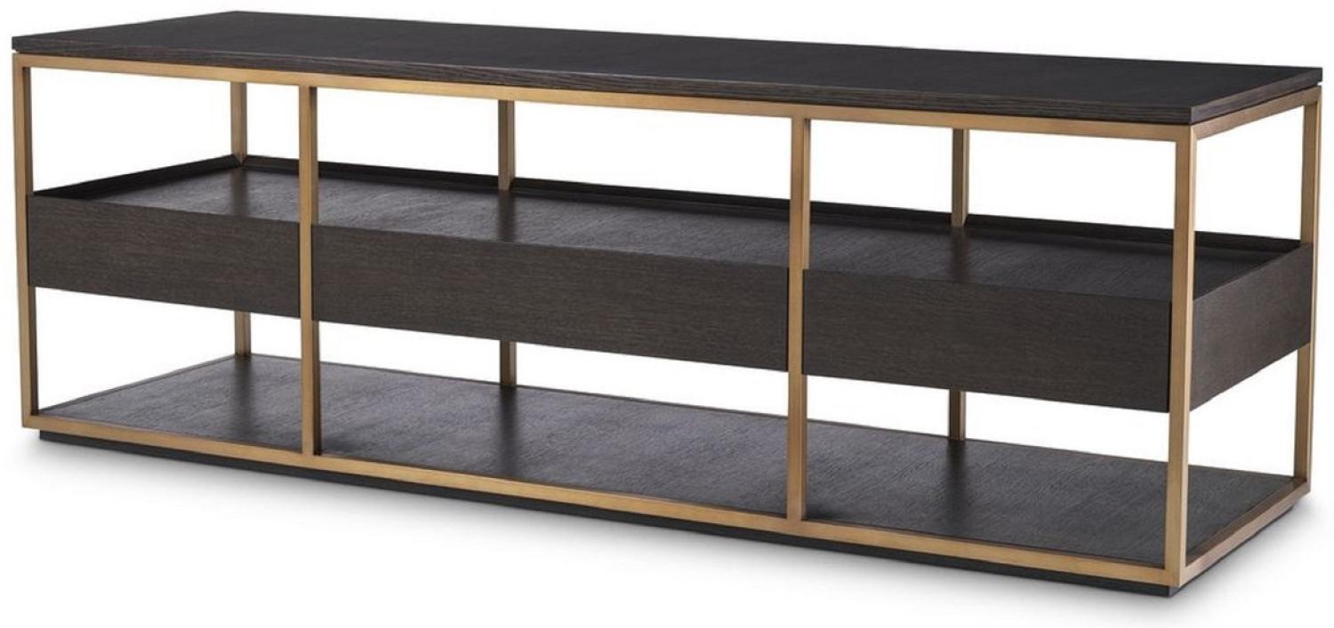 Casa Padrino Luxus TV Schrank Mokka / Messing 180 x 55 x H. 61 cm - Massivholz Sideboard mit 3 Schubladen - Wohnzimmer Möbel - Hotel Möbel - Luxus Kollektion Bild 1