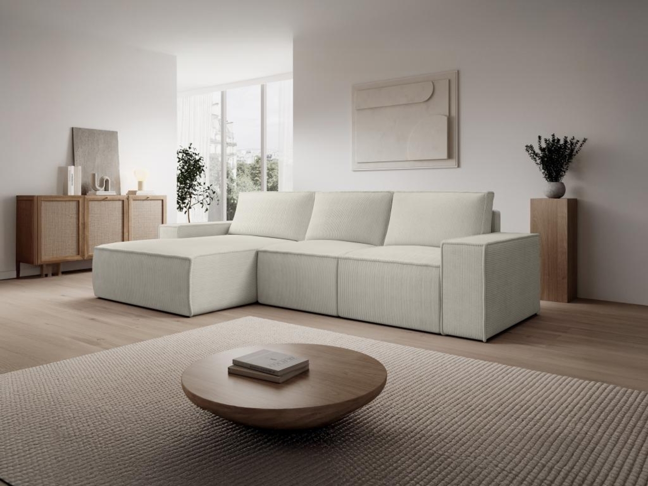 Vente-unique - Ecksofa mit Schlaffunktion - Ecke links - Cord - Beige - AMELIA Bild 1