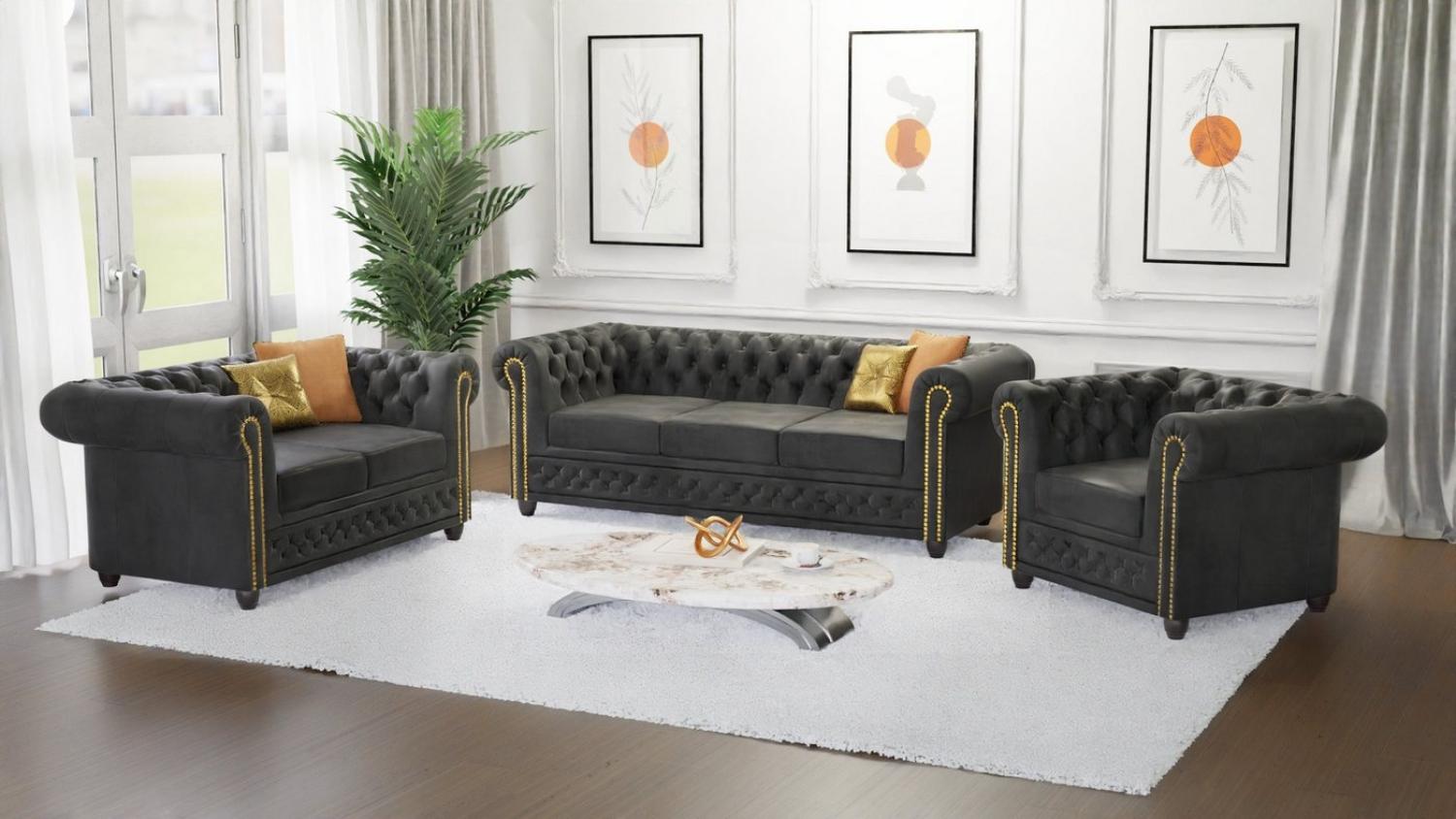 S-Style Möbel Polstergarnitur Chesterfield Anton mit Schlaffunktion 3+2+1 mit Holzfüßen, (1x 3-Sitzer-Sofa, 1x 2-Sitzer-Sofa, 1x Sessel), mit Wellenfederung Bild 1