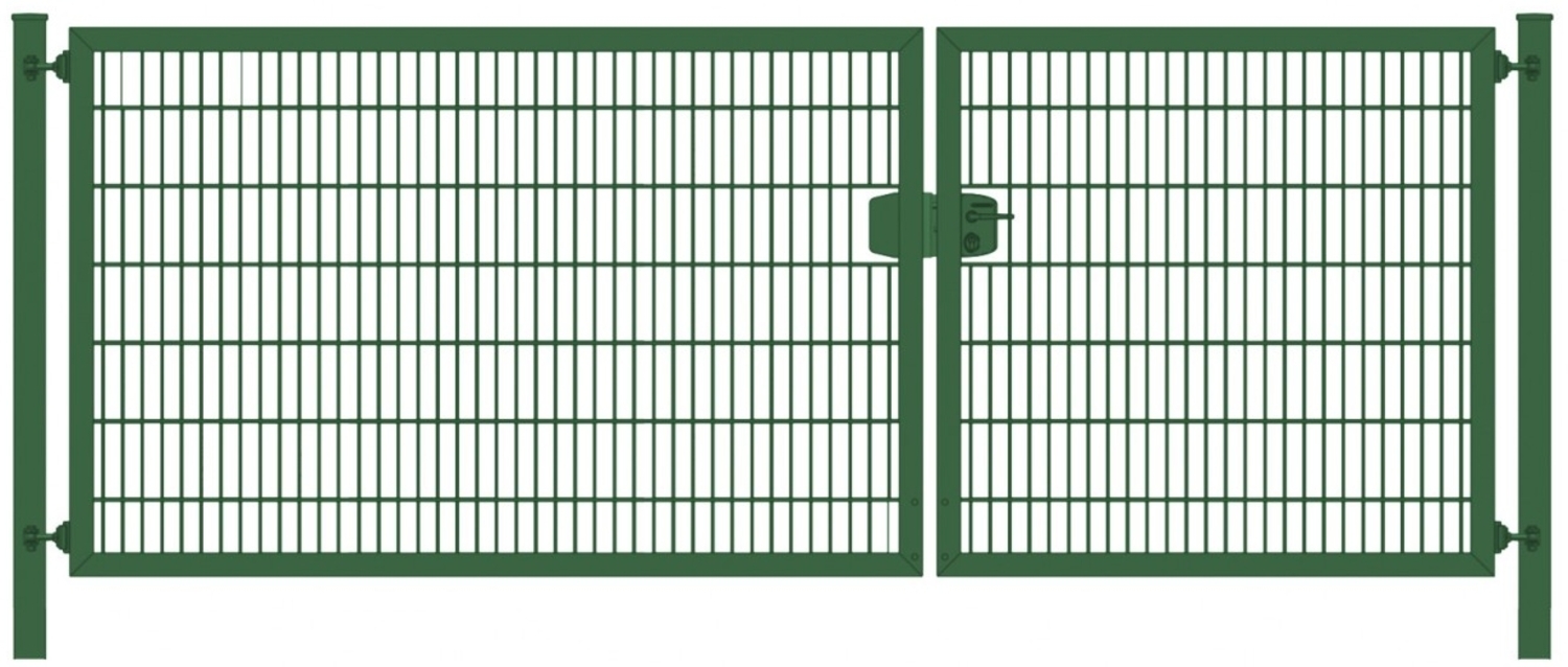 Einfahrtstor Premium Plus 6/5/6 (2-flügelig) asymmetrisch Moosgrün RAL 6005 Doppelstabmatte Breite 350 cm x Höhe 120 cm Bild 1