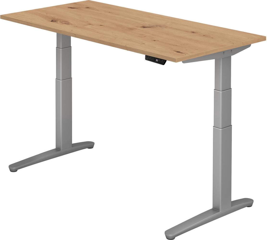 bümö elektrisch höhenverstellbarer Schreibtisch 160x80 cm mit Memory-Steuerung - Design Schreibtisch höhenverstellbar elektrisch, elektrischer Schreibtisch Asteiche, Gestell silber, XBHM-16-R-SS Bild 1