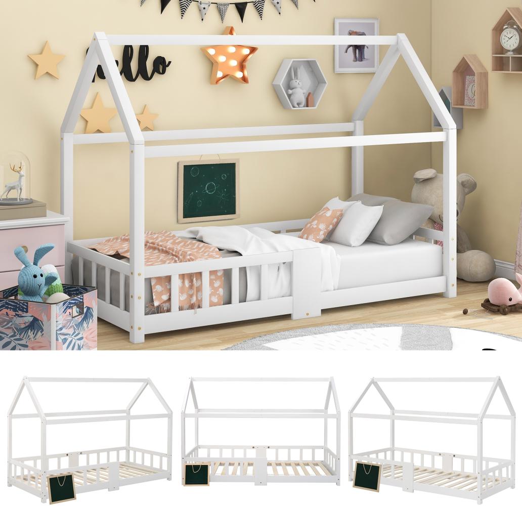 Merax Kinderbett Hausbett 90 x 200 cmHolzbett für Kinderzimmer inkl. Tafel Lattenrosten Rausfallschutz, aus KiefernholzWeiß (ohne Matratze) Bild 1