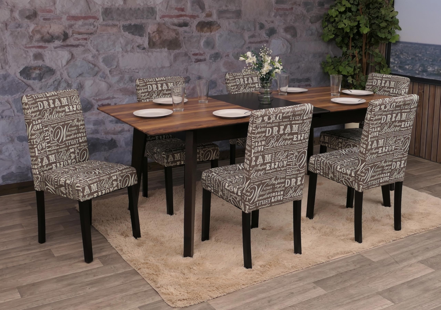 6er-Set Esszimmerstuhl Stuhl Küchenstuhl Littau ~ Textil mit Schriftzug, grau, dunkle Beine Bild 1