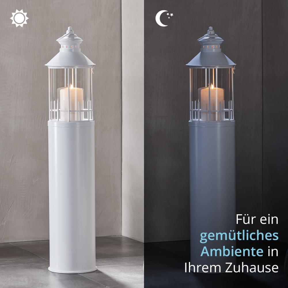 KHG Laterne Leuchtturm 99 cm mit Kerze aus Metall/Glas in weiß, Kerzenständer, Kerzenhalter, Outdoor und Indoor, Deko, Glaseinsatz, für Wohnzimmer, Balkon, Terrasse, Garten usw. Bild 1