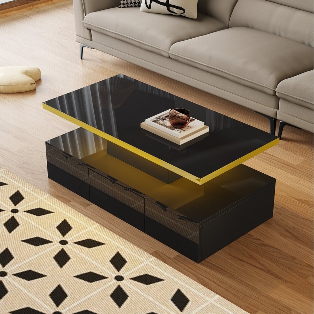 REDOM Couchtisch Eleganter High-Gloss-Couchtisch mit goldener Versiegelung (Stauraum, 113 cm), mit Schubladen und Ablage Bild 1