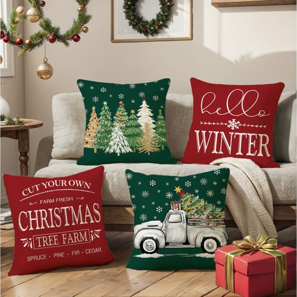 Jibenhome Kissenbezüge Weihnachten Kissenbezug 45x45cm,Leinen,4 Stück,für Dekokissen Deko, (4 Stück), Quadratisch Zierkissenbezug für Weihnachten Bett Sofa Esszimmer Deko Bild 1