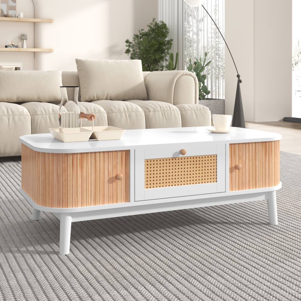 Eleganter Couchtisch 110×55×38,5 cm mit Massivholz-Akzenten, Stauraum, Rattan-Details, Weiß Holzoptik Wohnzimmertisch Bild 1