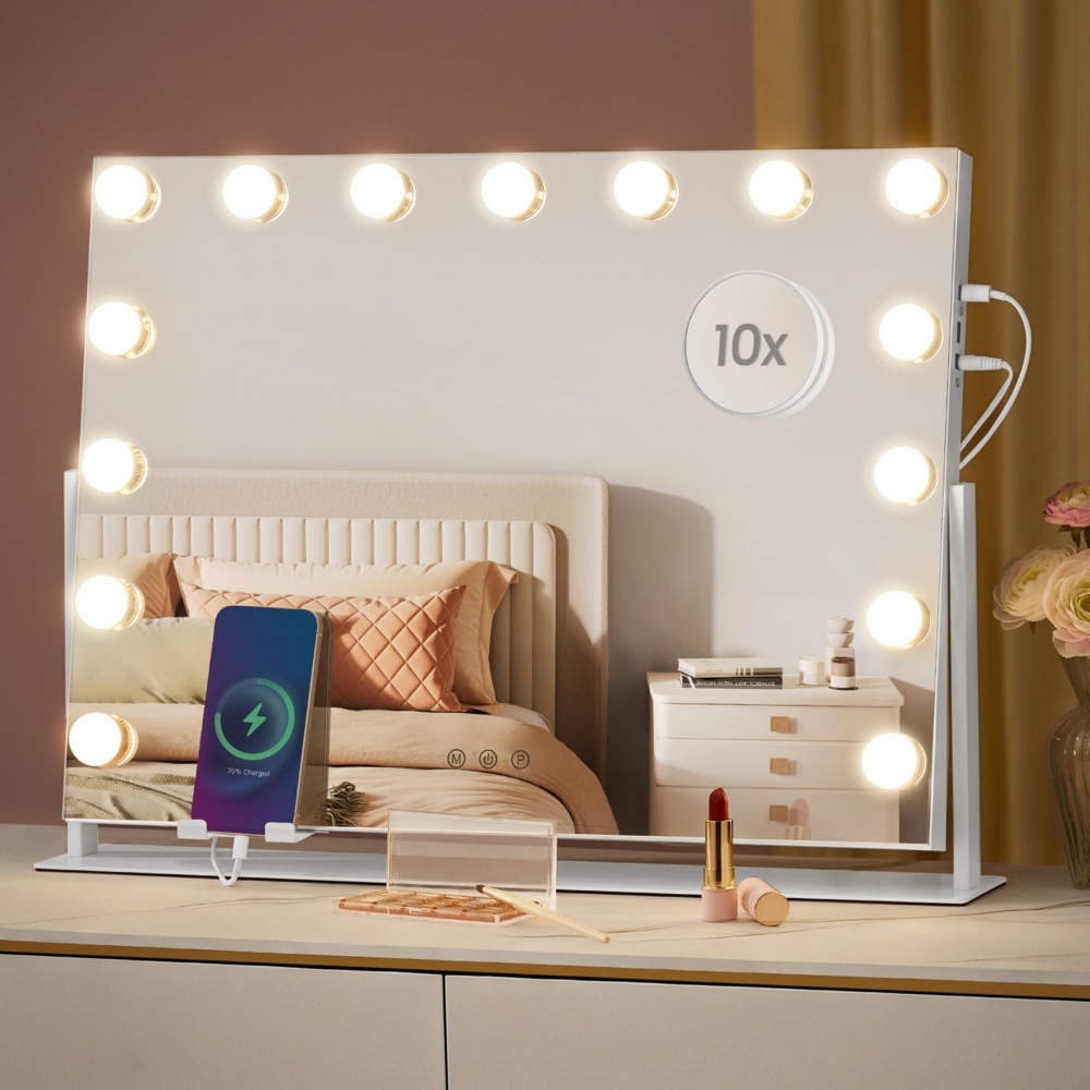 SONGMICS Schminkspiegel mit LED-Beleuchtung, Touch-Steuerung, 15 LED-Glühbirnen, mit Ladeanschlüssen, 10X Vergrößerungsspiegel, 3 Lichtfarben, dimmbar, Handyhalter, mattweiß LWMDE001W02 Bild 1