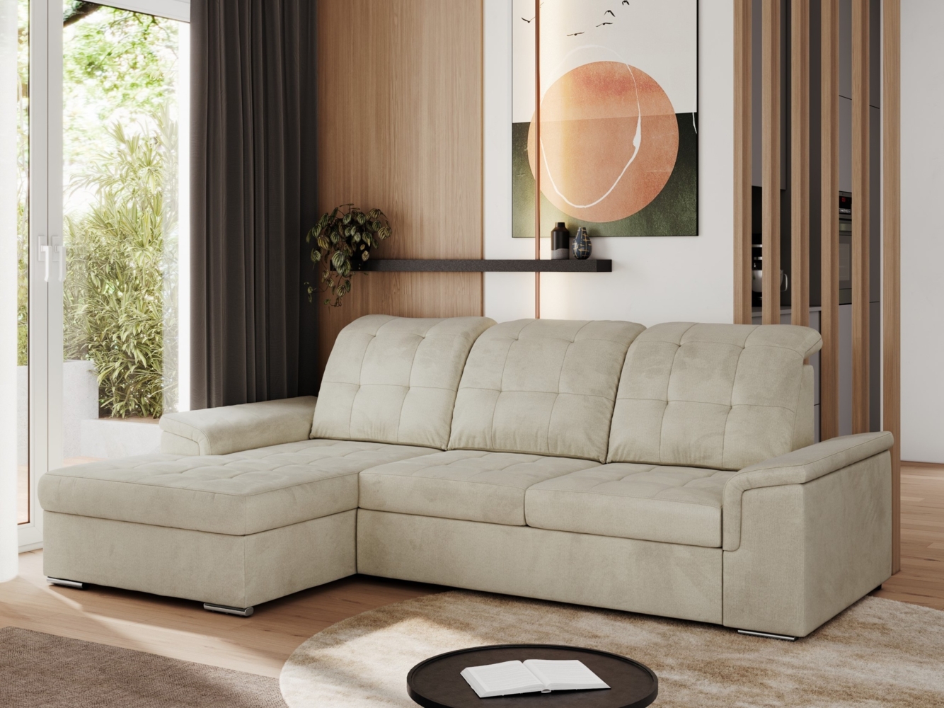 L-förmige Ecksofa mit gesteppter Sitzfläche und Rückenlehne, verstellbare Rückenkissen, Schlaffunktion und Bettkasten - MADRITO - Beige Velours - linke Seite Bild 1