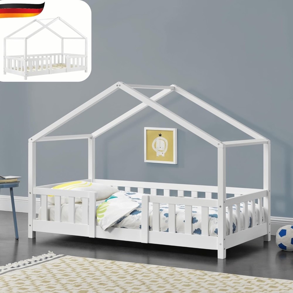 DELUKE® Kinderbett 80x160 cm MILA - mit Lattenrost Rausfallschutz Hausbett Kinder Haus Bett Kinderzimmer Bodenbett Einzelbett Kinder Bett Klein Kinderbett Montessori Bett Weiß Bild 1