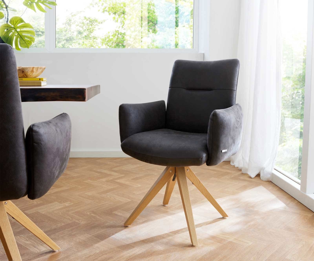 Drehstuhl Jova-Flex mit Armlehnen Mikrofaser Anthrazit Vintage Holzgestell kantig Natur 180° drehbar Taschenfederkern Bild 1