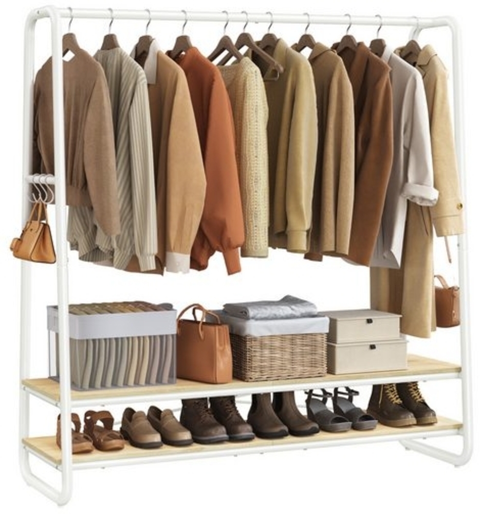 VASAGLE Kleiderständer, Garderobenständer, Garderobe, 2 Ablagen, 6 Haken in S-Form, Stahlgestell, naturbeige-mattweiß Bild 1