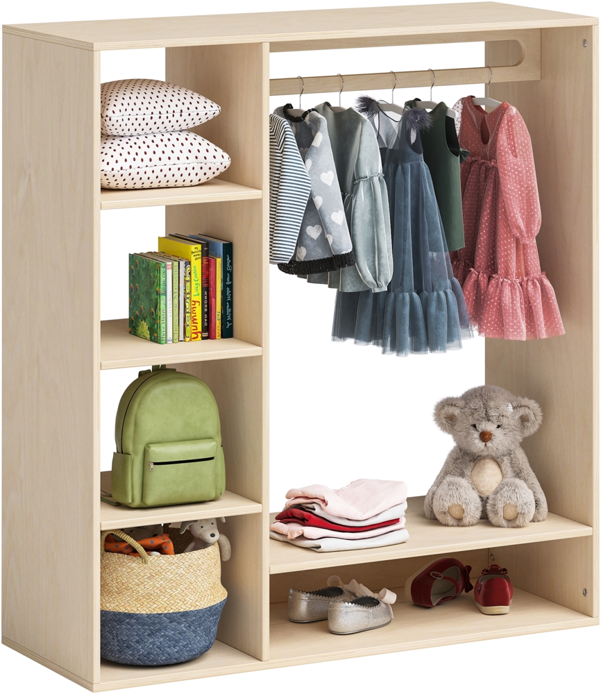 Bellabino 'Tea' Kindergarderobe, natur unbehandelt, Sperrholz Birke, 114 x 40 x 105 cm, mit Kleiderstange und 6 Ablagefächern Bild 1