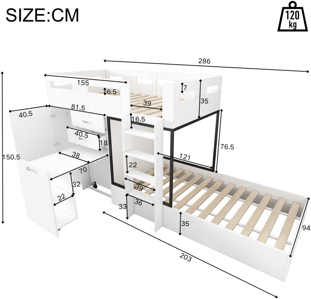 Merax Etagenbett mit Ausziehbarer Schreibtisch und Garderobe, Multifunktionales Kinderbett, Kinderetagenbett, Mit Schublade & Regale & Leitern, Großer Stauraum, Ohne Matratze, 90*200 cm, weiß Bild 1