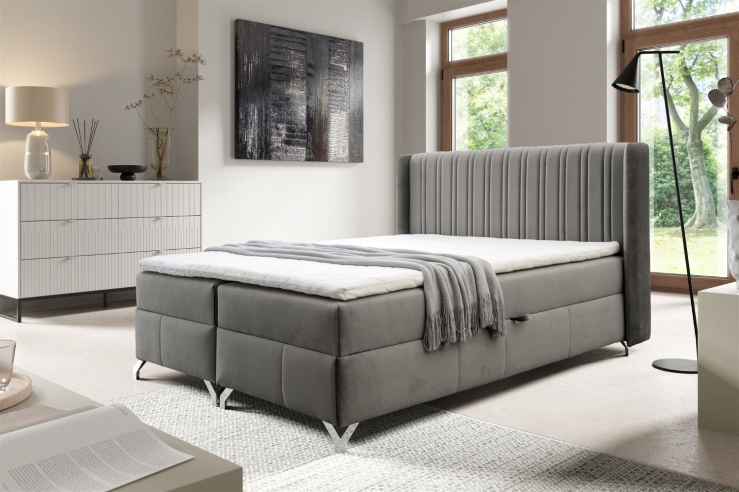 Boxspringbett Schlafzimmerbett DAMIEN 180x200 cm Stoff Salvador Dunkelgrau Bild 1