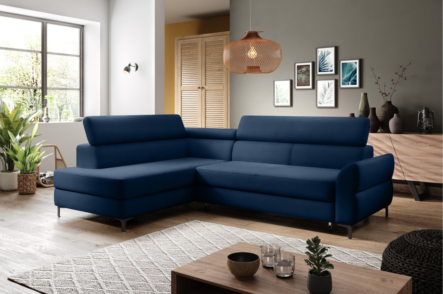 Stylefy Remondini Ecksofa Velours Blau Links Bild 1