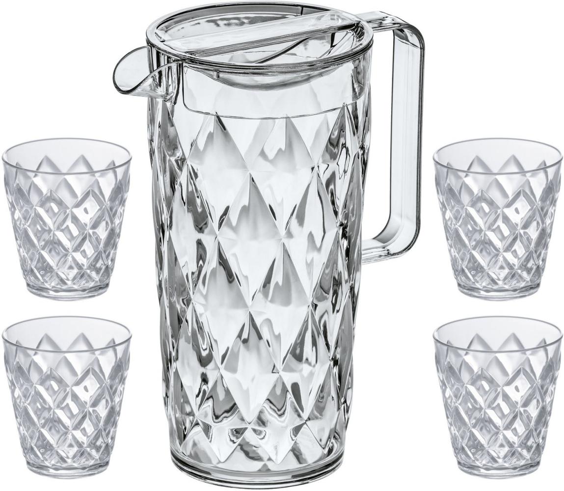 Koziol Crystal Kanne mit 4 Becher, Trinkkanne, Trinkbecher, Wasserbecher, Saftkanne, Kunststoff, Crystal Clear, 1. 6 L, 4007535 Bild 1