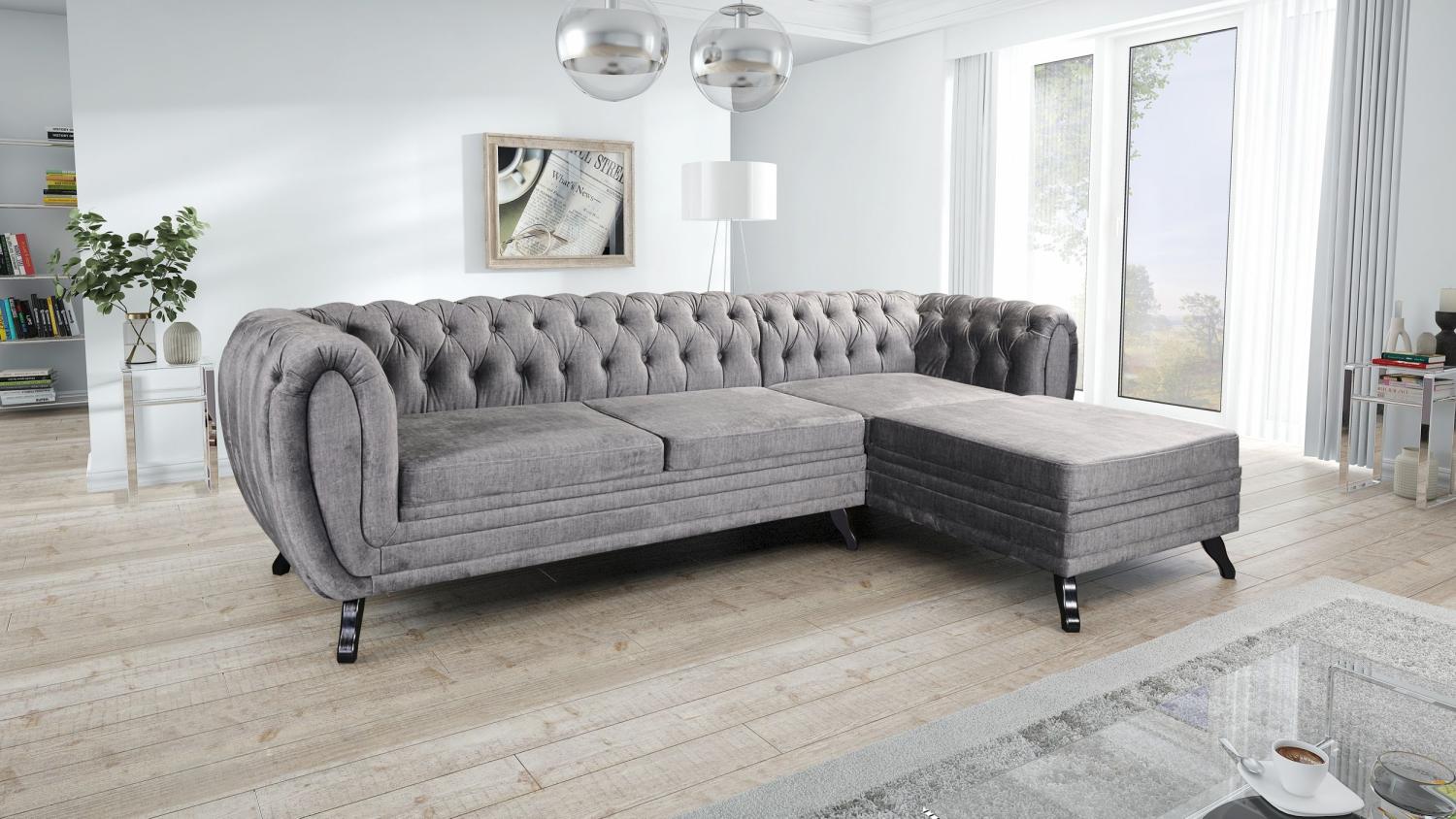 Edles Chesterfield Ecksofa Velours grau Couch Polstersofa Wohnlandschaft Sofa Bild 1