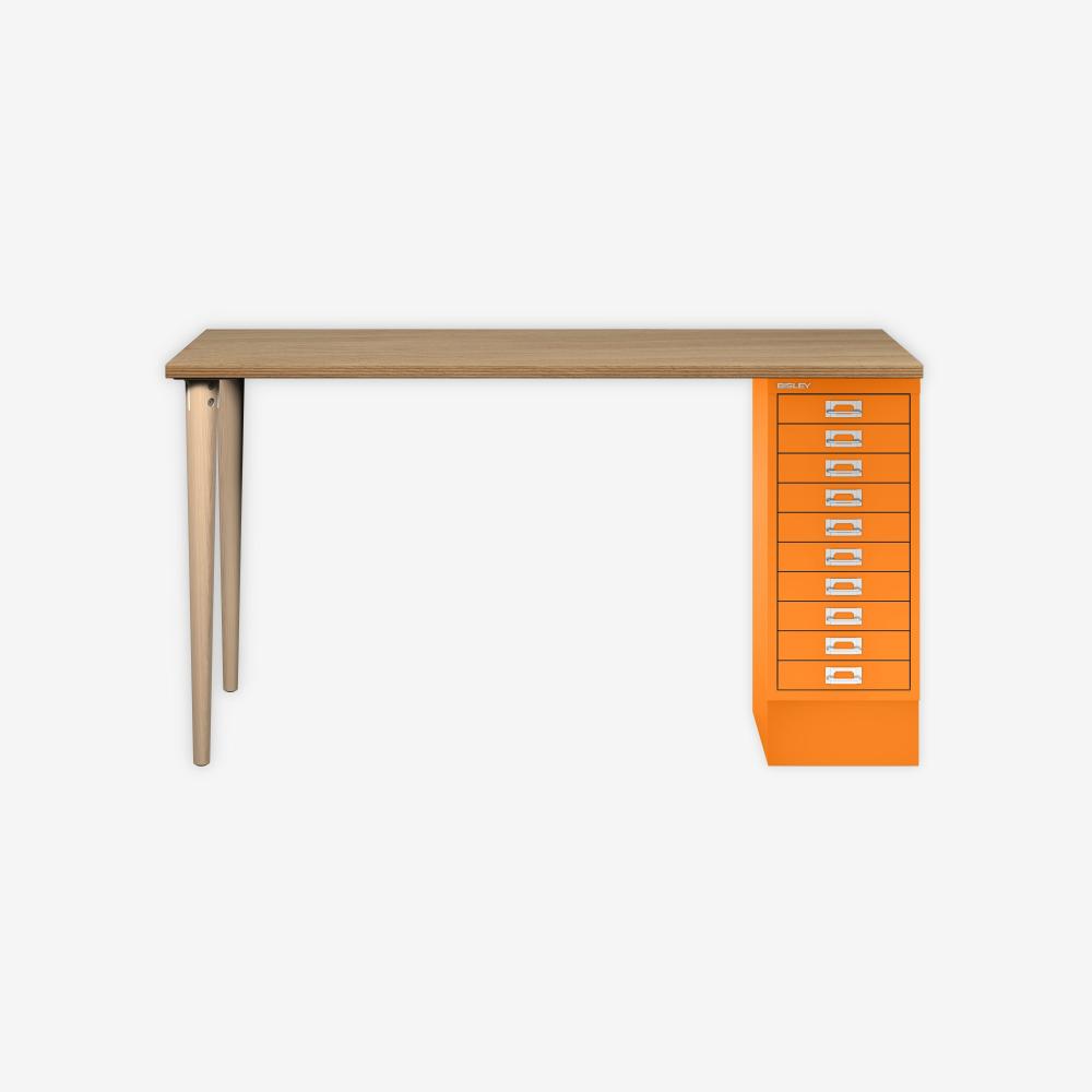 MultiDesk, 2 Eichenfüße, 1 MultiDrawer mit 10 Schüben, Dekor natürliche Eiche, Farbe Orange, Maße: H 740 x B 1400 x T 600 mm Bild 1