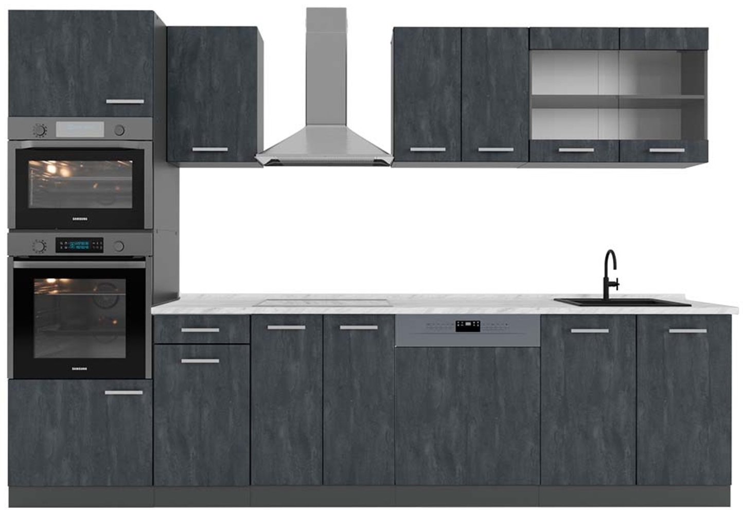 Vicco Komplettküche Schwarz Beton/Anthrazit 300 cm AP Marmor, R-Line Bild 1
