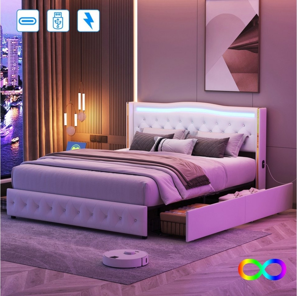 Furnishings Home Polsterbett Doppelbett LED Stauraumbett Stauraum (Jugendbett, Vier extra große Schubladen unter dem Bett), Mit LED-Beleuchtung, USB + TYPE-C, PU, 140x200 cm Bild 1