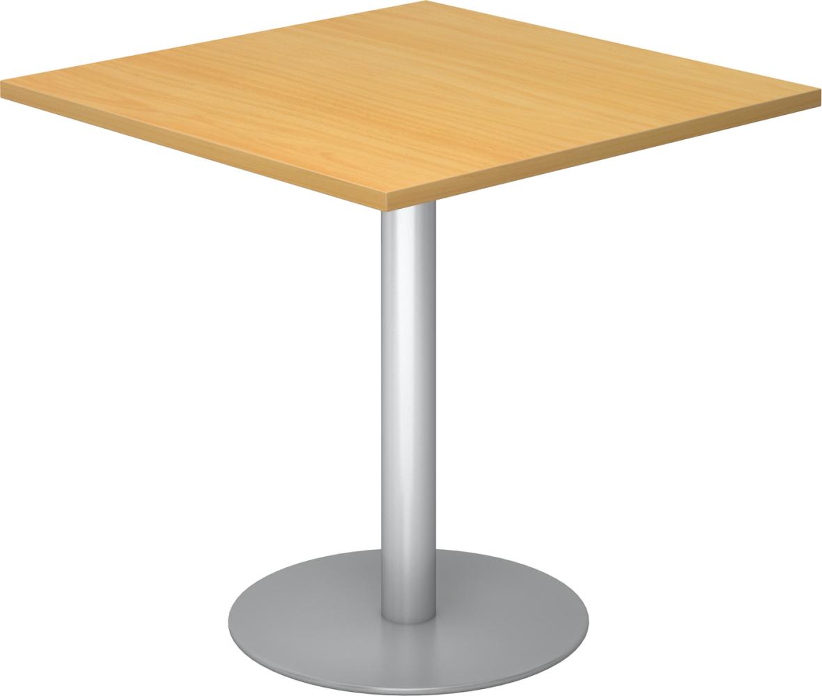 bümö Besprechungstisch, Esstisch klein, Tisch eckig 80x80 cm - kleiner Esstisch Buche, Rundtisch Esstisch 2 Personen mit Holz-Platte, Säule aus Metall in silber, Konferenztisch, Bistrotisch, STF88-6-S Bild 1