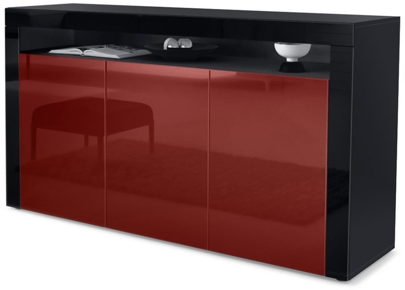 Vladon Sideboard Valencia, Kommode mit 3 Türen und 1 offenem Fach, Schwarz matt/Bordeaux Hochglanz/Schwarz Hochglanz (155 x 92 x 40 cm) Bild 1