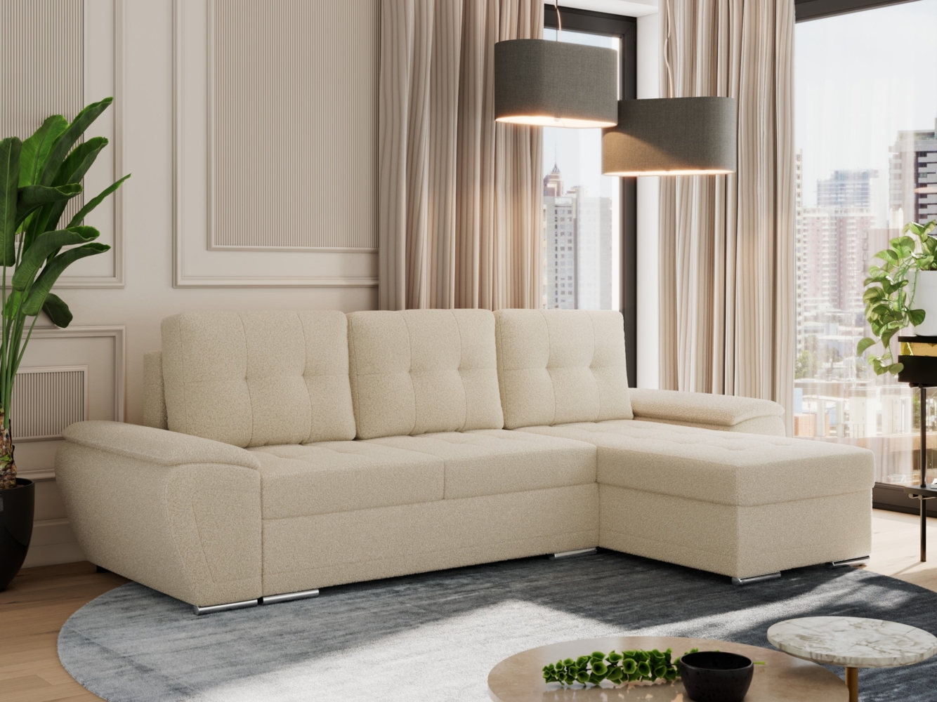 Universelles Ecksofa mit Schlaffunktion, Bettkasten und losen Kissen, gesteppte Sitzfläche - UMBRIA - Beige Boucle Bild 1