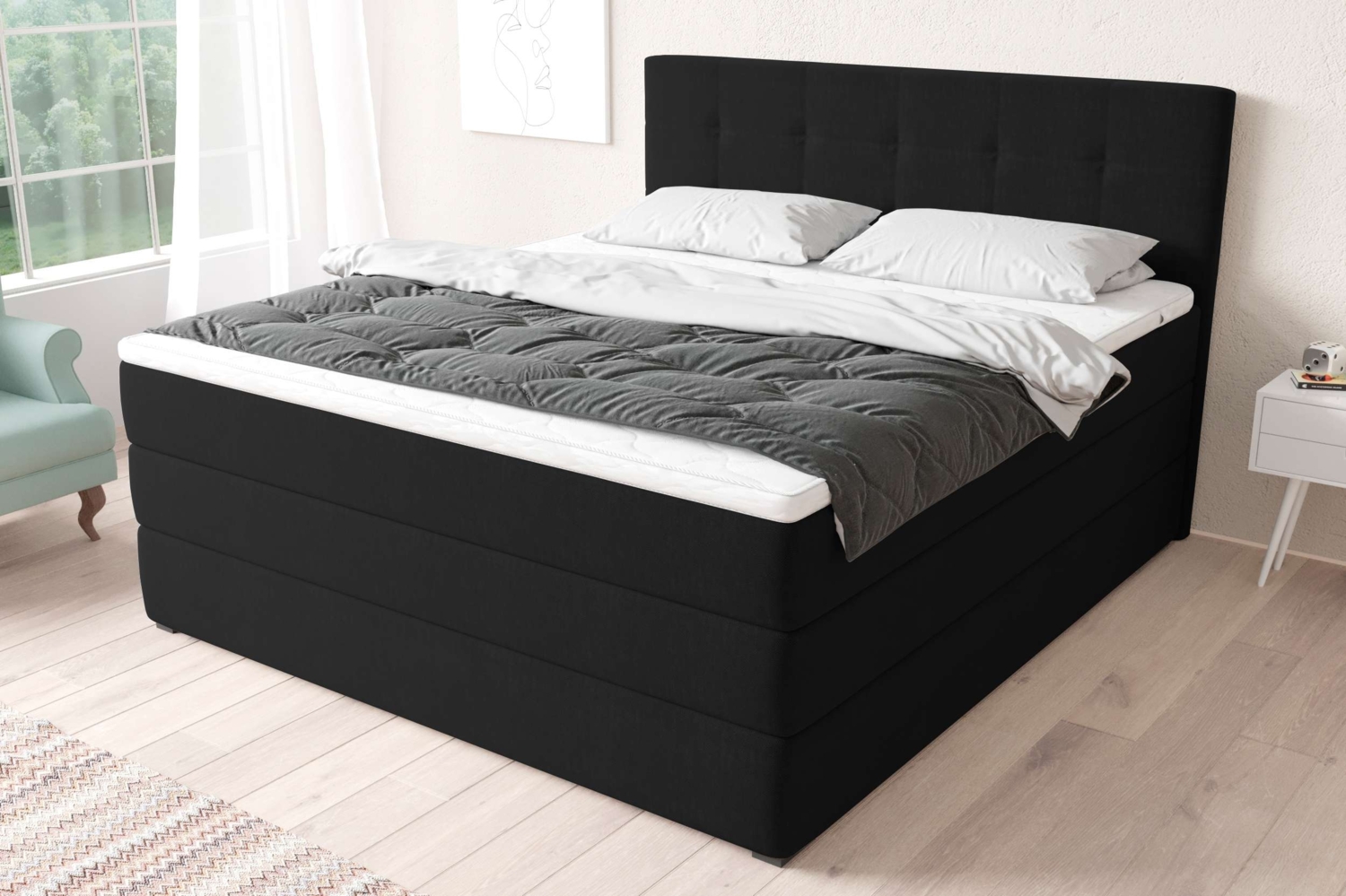 99rooms Madagaskar Boxspringbett Strukturstoff INARI Schwarz 140x200 cm Bonell-Federung Bild 1
