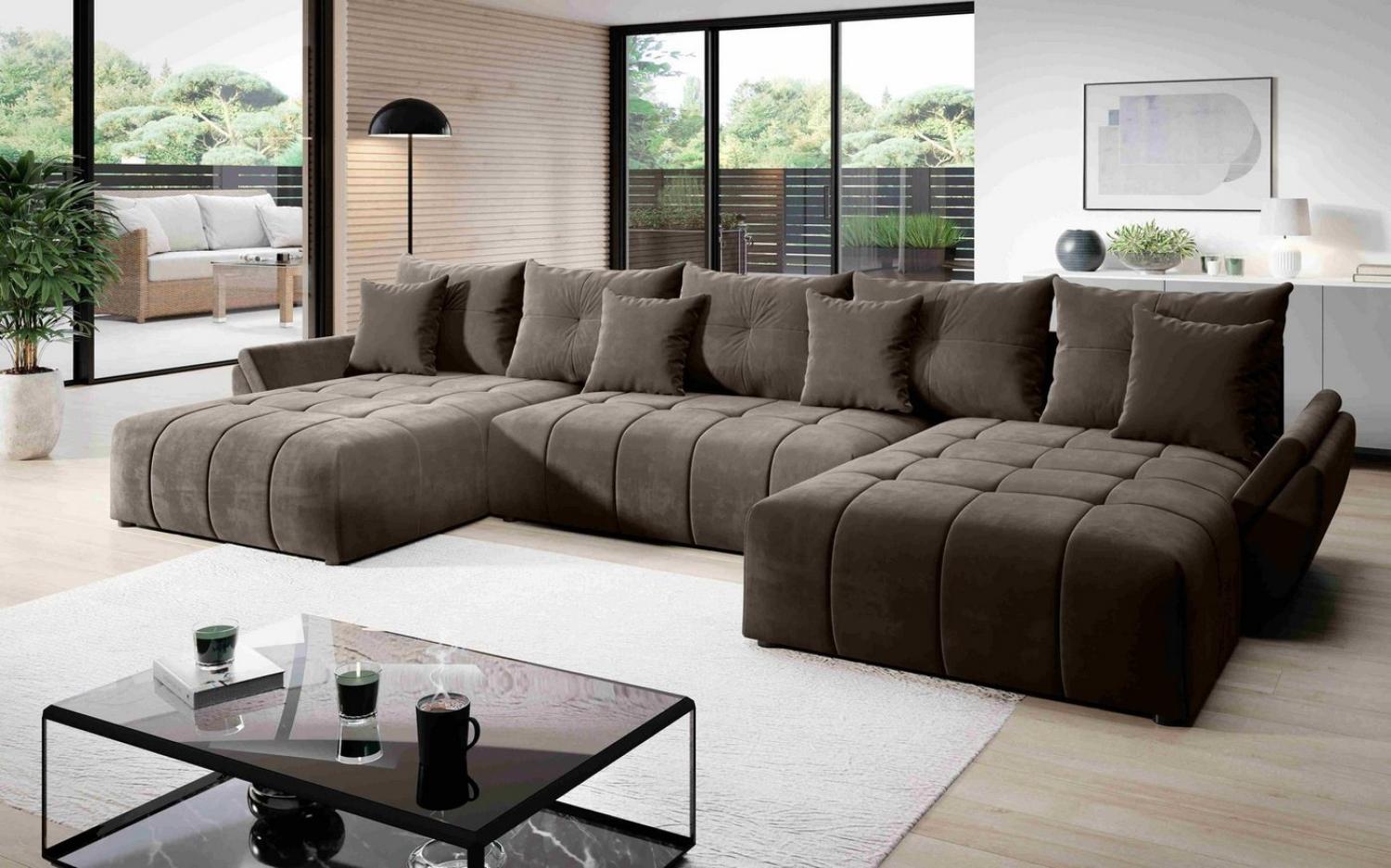 Furnix Wohnlandschaft Amarra Polstercouch in U-Form mit Schlaffunktion Bettkasten Kissen, 382x91x190 cm Bild 1