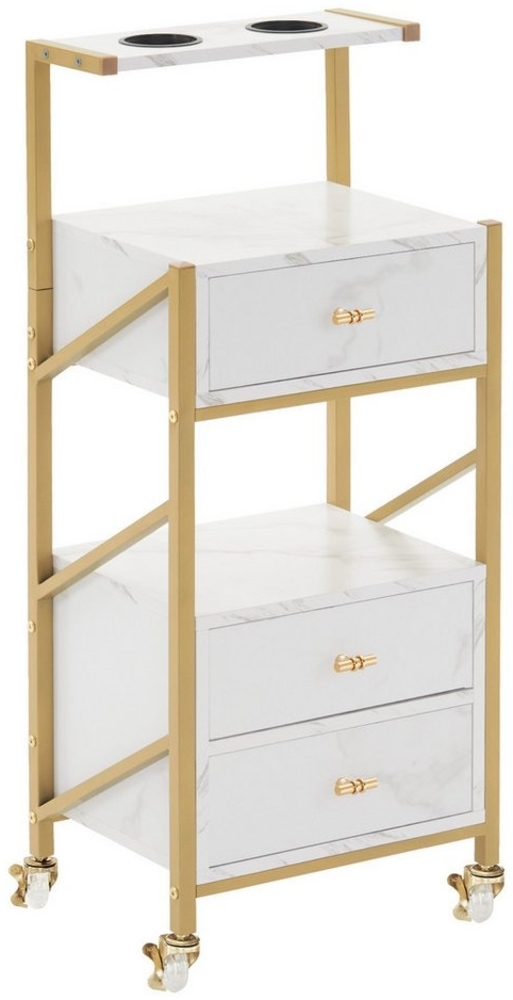 MCombo Servierwagen M MCombo Friseurwagen mit 3 Schubladen, Servierwagen, Rollwagen, 0048, mit Ablagen, Föhnhalter, Salon Trolley, Weiß-Gold Bild 1