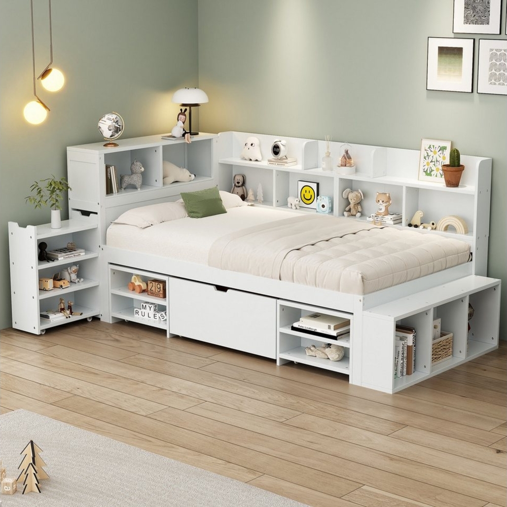 Tongtong Einzelbett Kinderbett, multifunktionales Kinderbett mit Schubladen (Bis 150 kg belastbar, Ohne Matratze, 90*200 cm), Bücherregal und Stauschrank, großer Stauraum, Lattenrost, Weiß Bild 1