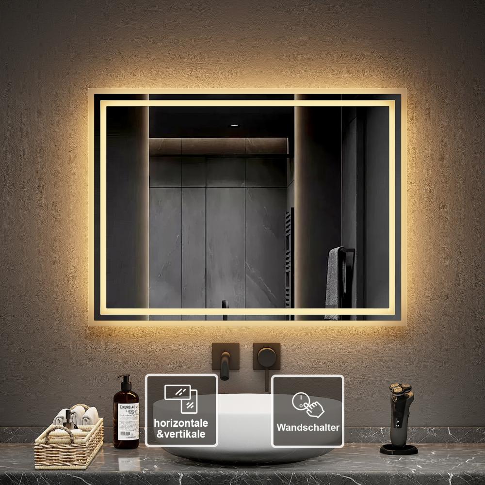 EMKE Badspiegel mit Beleuchtung LED Warmweißes Licht, 80x60cm, IP44 Wasserdicht Wandspiegel Bild 1