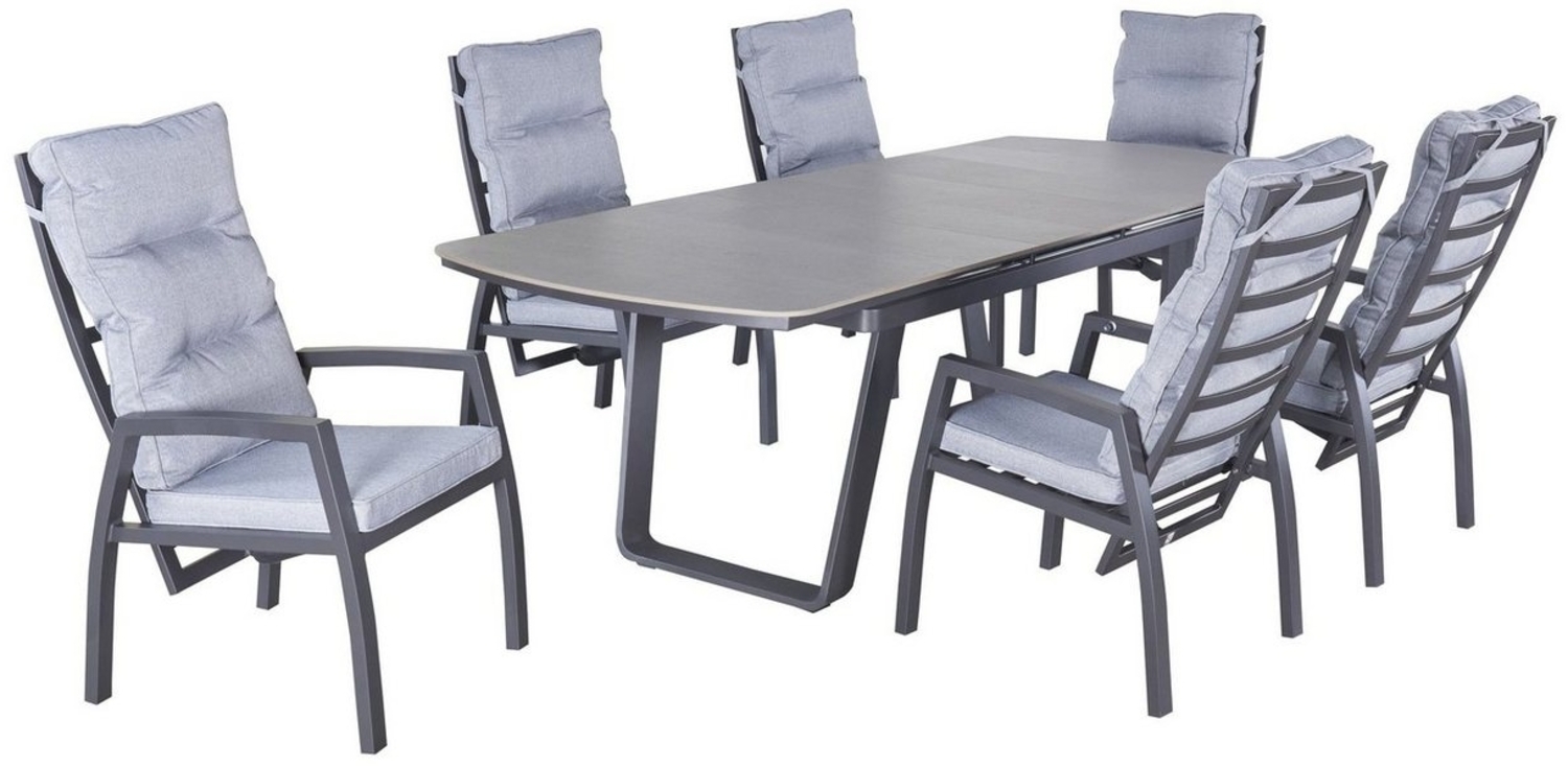 LC Garden Garten-Essgruppe Diwo Gartenset 7tlg. anthrazit Esstisch 200/260x100cm, (Gartenset, 7-tlg, Tisch mit 6 Stühlen), inkl. Auflagen, stufenlos verstellbar, ausziehbarer Tisch Bild 1