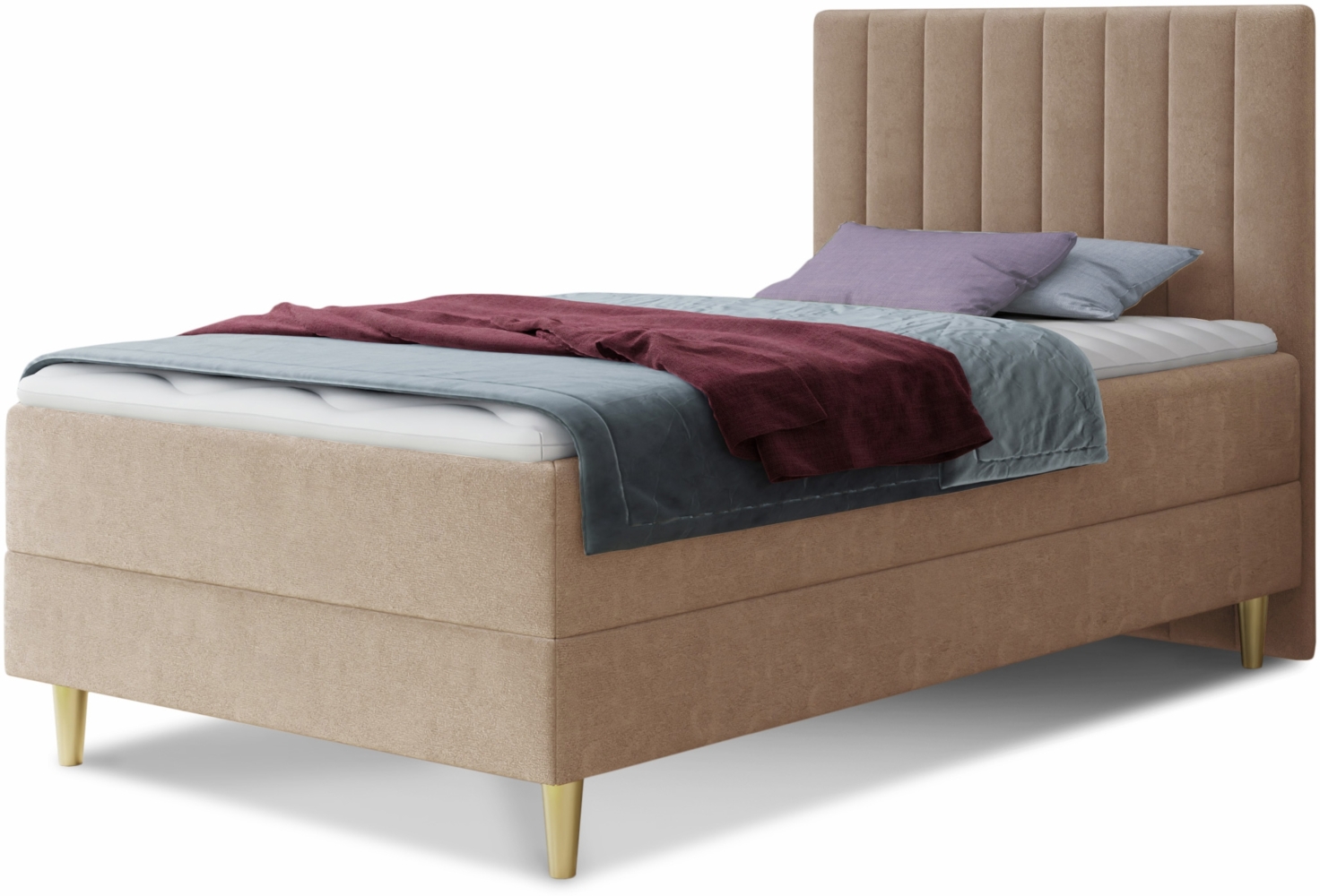 Boxspringbett Gold Mini mit Bettkasten, Bonell-Matratze und Topper - Einzelbett mit Matratzentopper, Polsterbett, Bett, Schlafzimmer, Jugendzimmer, Velours Stoff (Beige (Manila 02), 80x200 cm) Bild 1