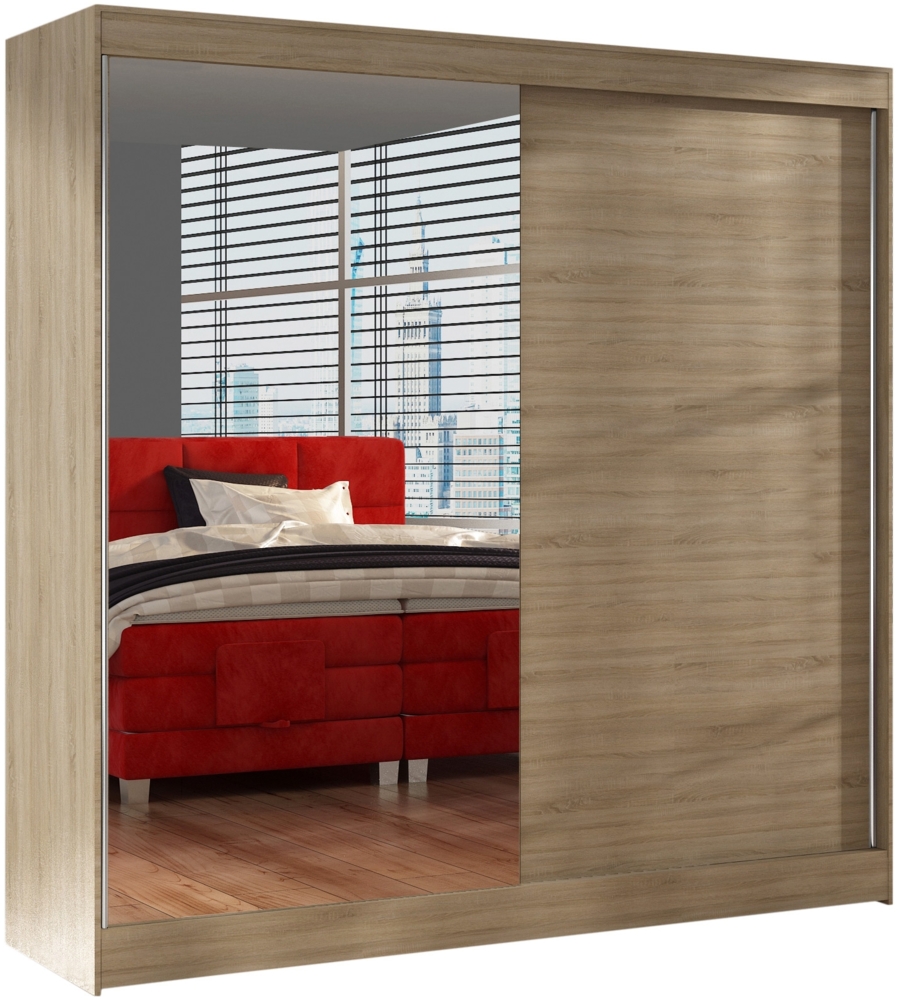 Schwebetürenschrank Basti I 200 cm mit Spiegel - Kleiderschrank, Schiebetürenschrank mit Kleiderstange und Einlegeboden, Schlafzimmerschrank, Schiebetüren, 200x215x58 cm (Sonoma) Bild 1