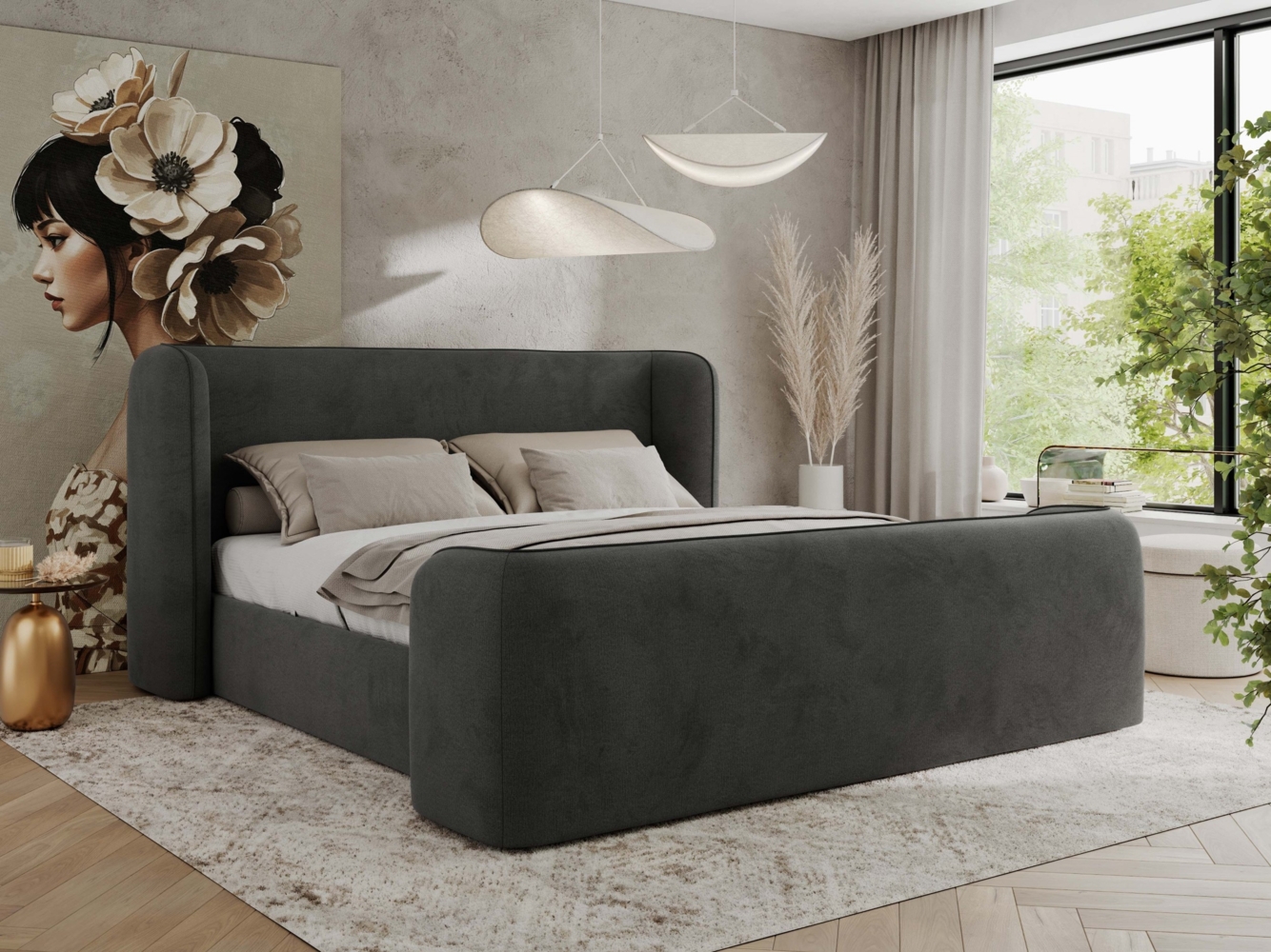 Polsterbett mit Lattenrost, Doppelbett für Schlafzimmer, Gepolstertes Kopfteil, Pocket matratze Härtegrad H3/H4 - EMORA CLASSIC DUO - 180 x 200 cm - Dunkelgrau Velours - VIRE - LUX Bild 1