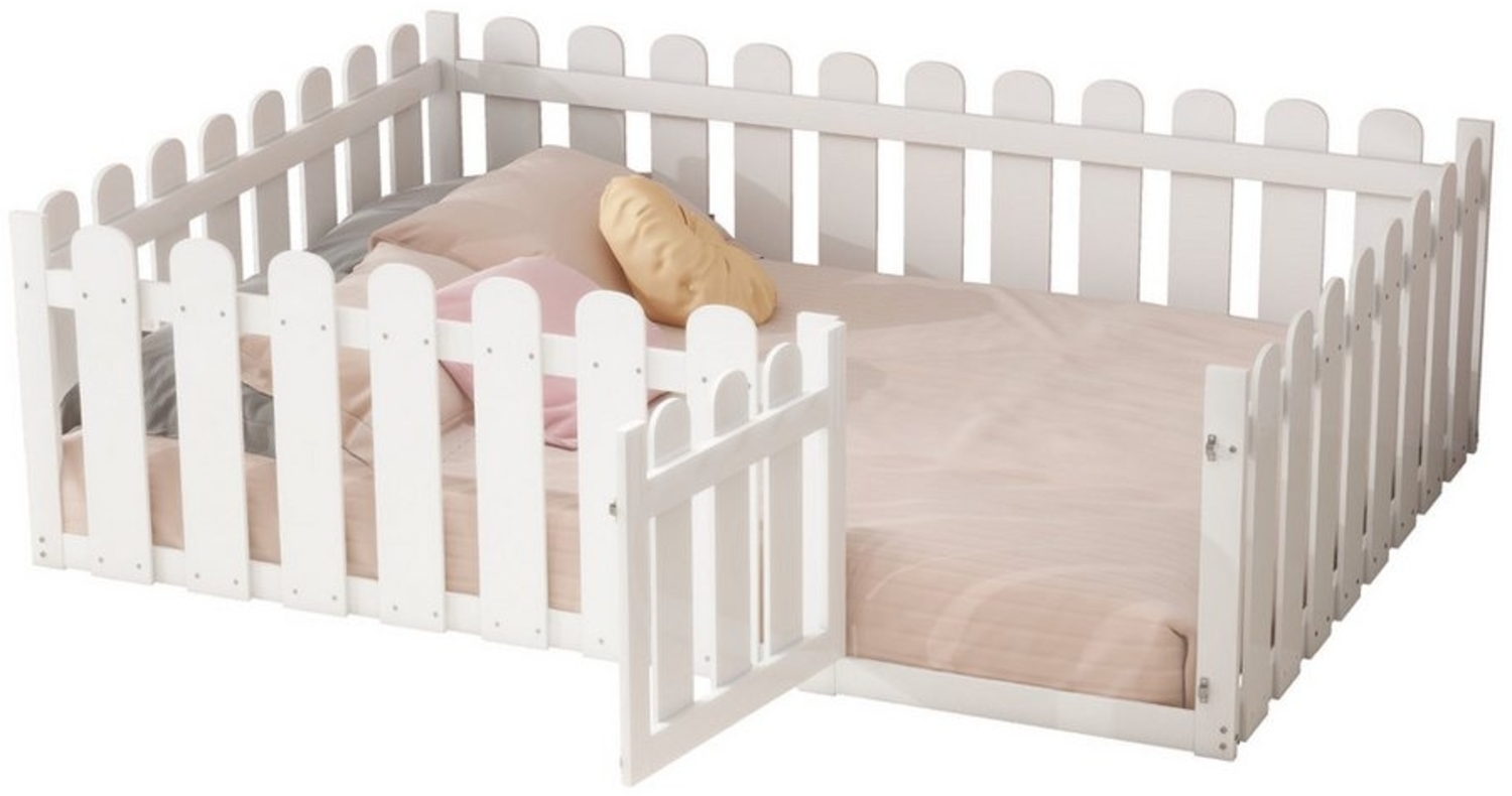 OKWISH Kinderbett Doppelbett Funktionsbett Jugendbett Holzbett Gästebett Einzelbett (Bodenbett mit Umrandung und Tür, robustes Kiefernholz, vielseitig als Spielplatz und Leseecke nutzbar, sicher und langlebig, 140x200cm), ohne Matratze Bild 1