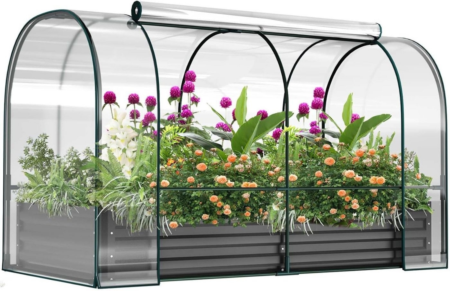 Meulbaty Blumenkasten Metall-Hochbett für Garten, Pflanzkasten für Blumen und Gemüse, mit PVC Gewächshaus, Abdeckung und Sichtfenster Bild 1