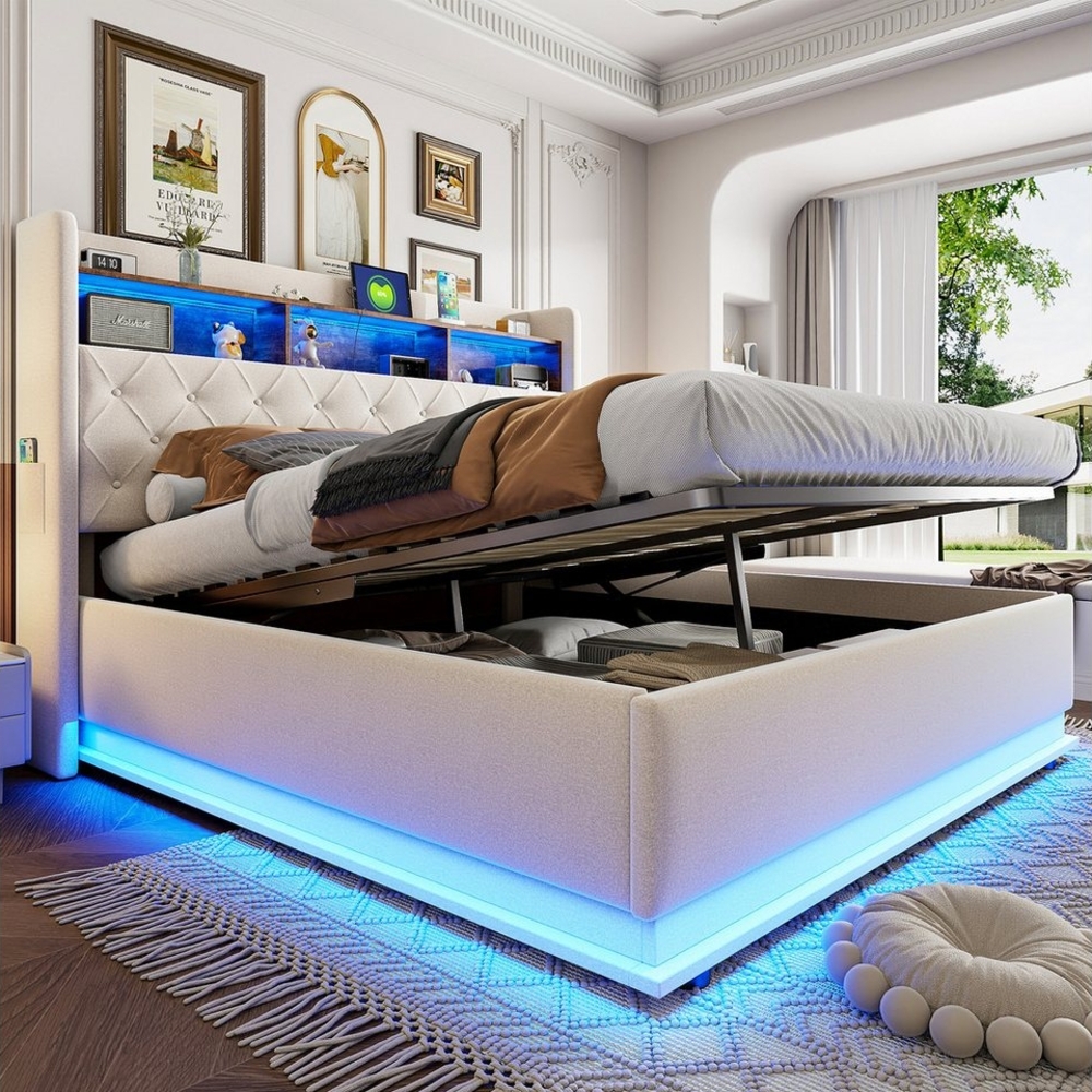 Flieks Polsterbett, LED Doppelbett 180x200cm mit USB-Ladefunktion & hydraulischem Stauraum Bild 1