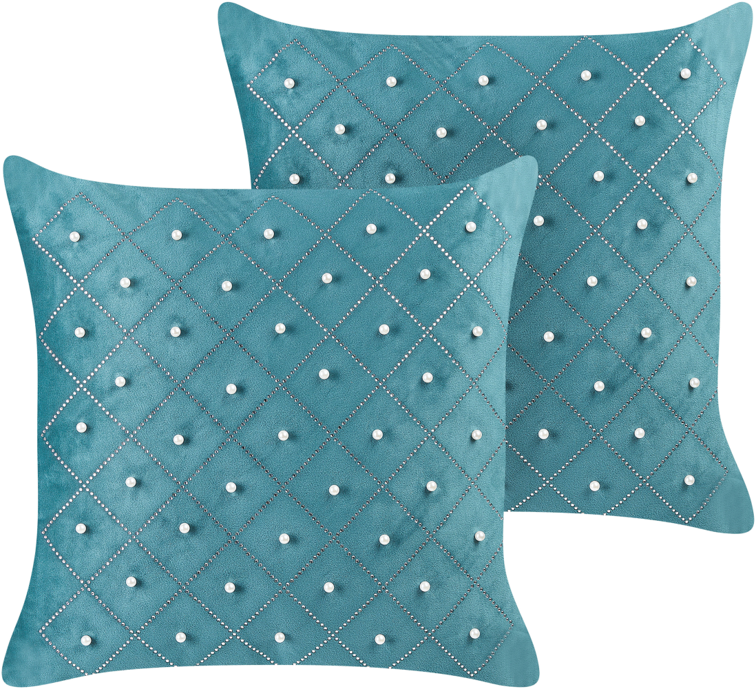 Kissen 2er Set YARROW Samtstoff 45 x 45 cm Geometrisches Muster Blaugrün Bild 1