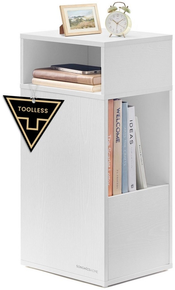 Nachttisch, Toolless-Technologie, superschnelle werkzeuglose Montage, Nachtschrank, 2 offene Fächer, 1 Schublade, Beistelltisch, 30 x 25 x 59,4 cm, schneeweiß Bild 1