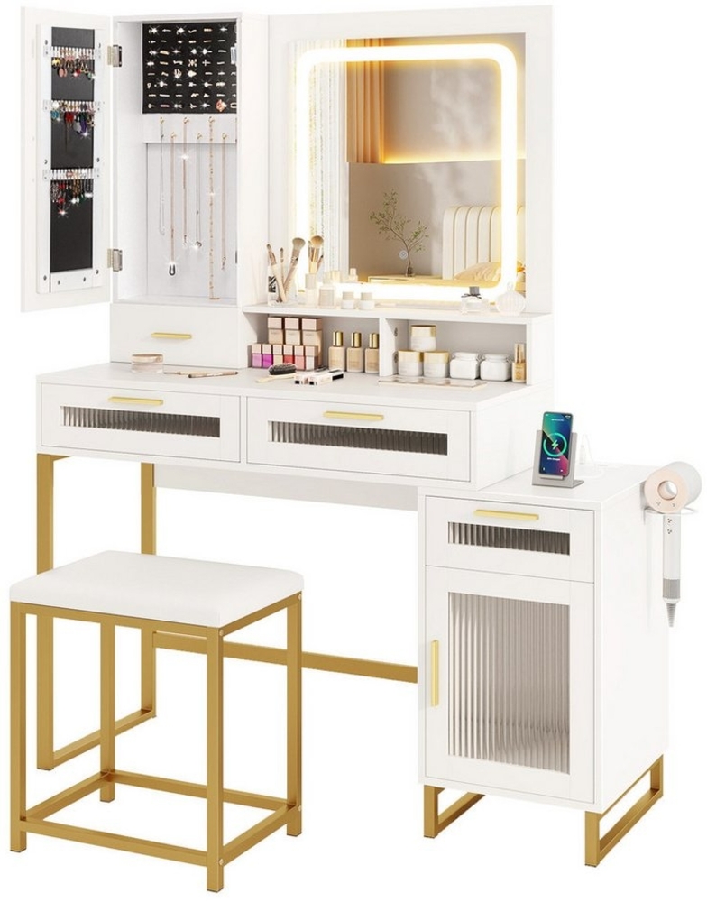 COSTWAY Schminktisch (1-St), mit LED & Ladestation, Hocker, Spiegel, Schubladen Bild 1