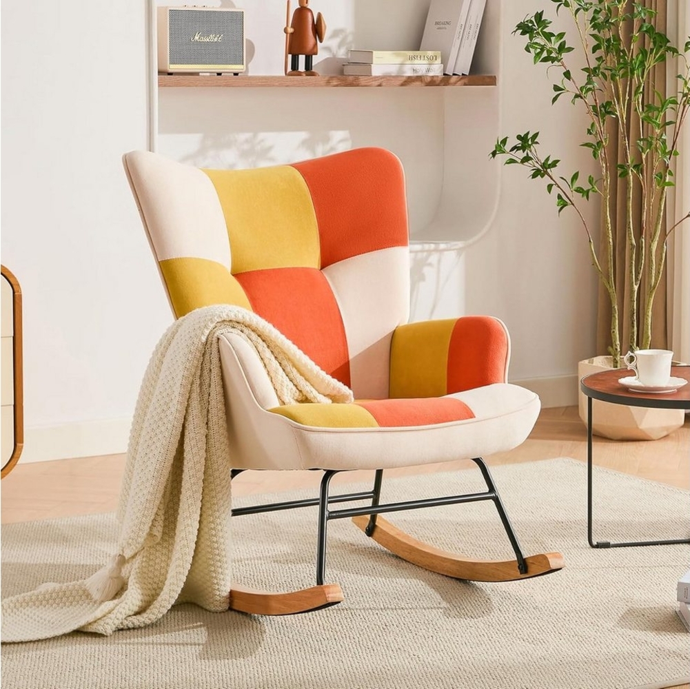 HomeMiYN Schaukelstuhl Schaukelsessel Patchwork Wohnzimmer Samt mit Metallgestell Holzsockel, Orange-gelb, mit Anti-Rutsch-Streifen,schaukelstuhl stillen Bild 1