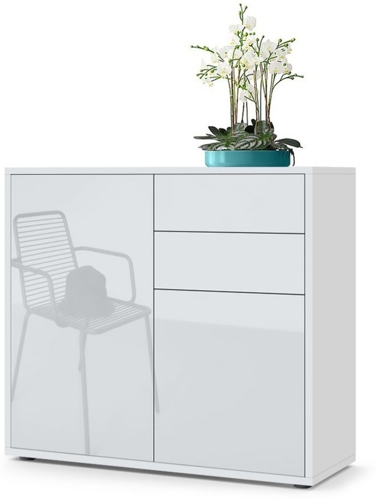 Vladon Sideboard Ben, Kommode mit 2 Türen und 2 Schubladen, Weiß matt/Weiß Hochglanz (79 x 74 x 36 cm) Bild 1