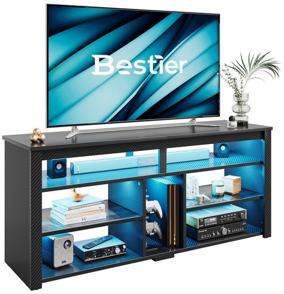 Bestier Lowboard TV-Schrank, Sideboard, Gaming TV Board mit LED-Beleuchtung (Breite 140 cm Fernsehtisch, 1 St, TV-Ständer für 55/60/65 Zoll Fernseher), Medien-TV Cabinet mit verstellbarem Regal, Weißer Marmor/Schwarze Bild 1