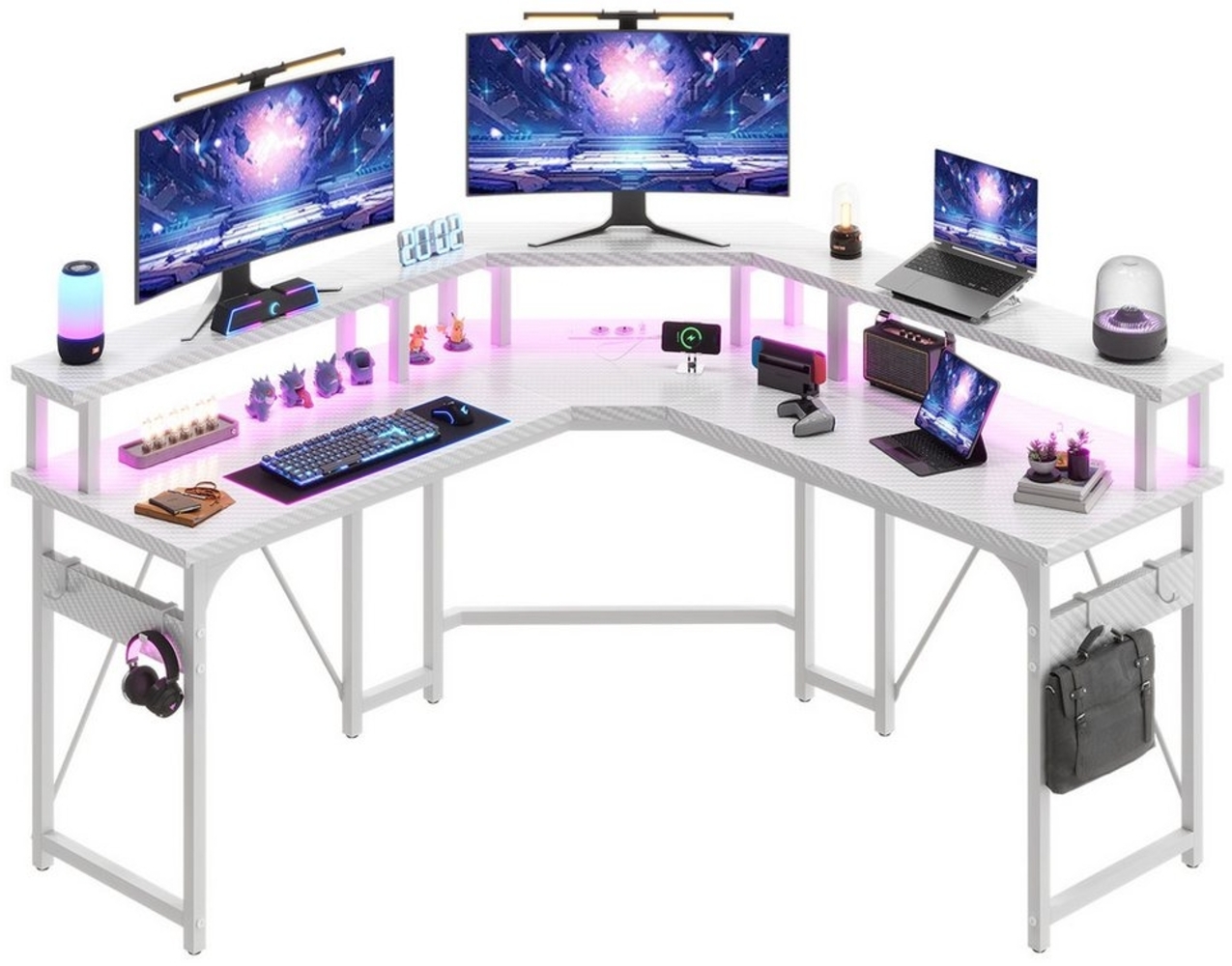 HOMALL Eckschreibtisch Gamingtisch mit LED,Computertisch mit Monitorständer,Steckdosen (Gaming Tisch mit 2 USB-Ladeanschluss und 2 AC-Steckdosen,Schreibtisch mit Haken) Bild 1