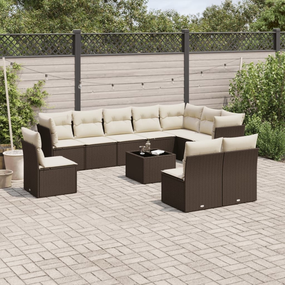 vidaXL 11-tlg. Garten-Sofagarnitur mit Kissen Braun Poly Rattan 3217813 Bild 1