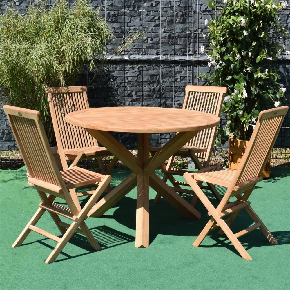 Gartenmöbelset 4 Klappstühle Alessandria + Tisch Ravenna rund Teakholz - Durchmesser Tischplatte: 120 cm Bild 1