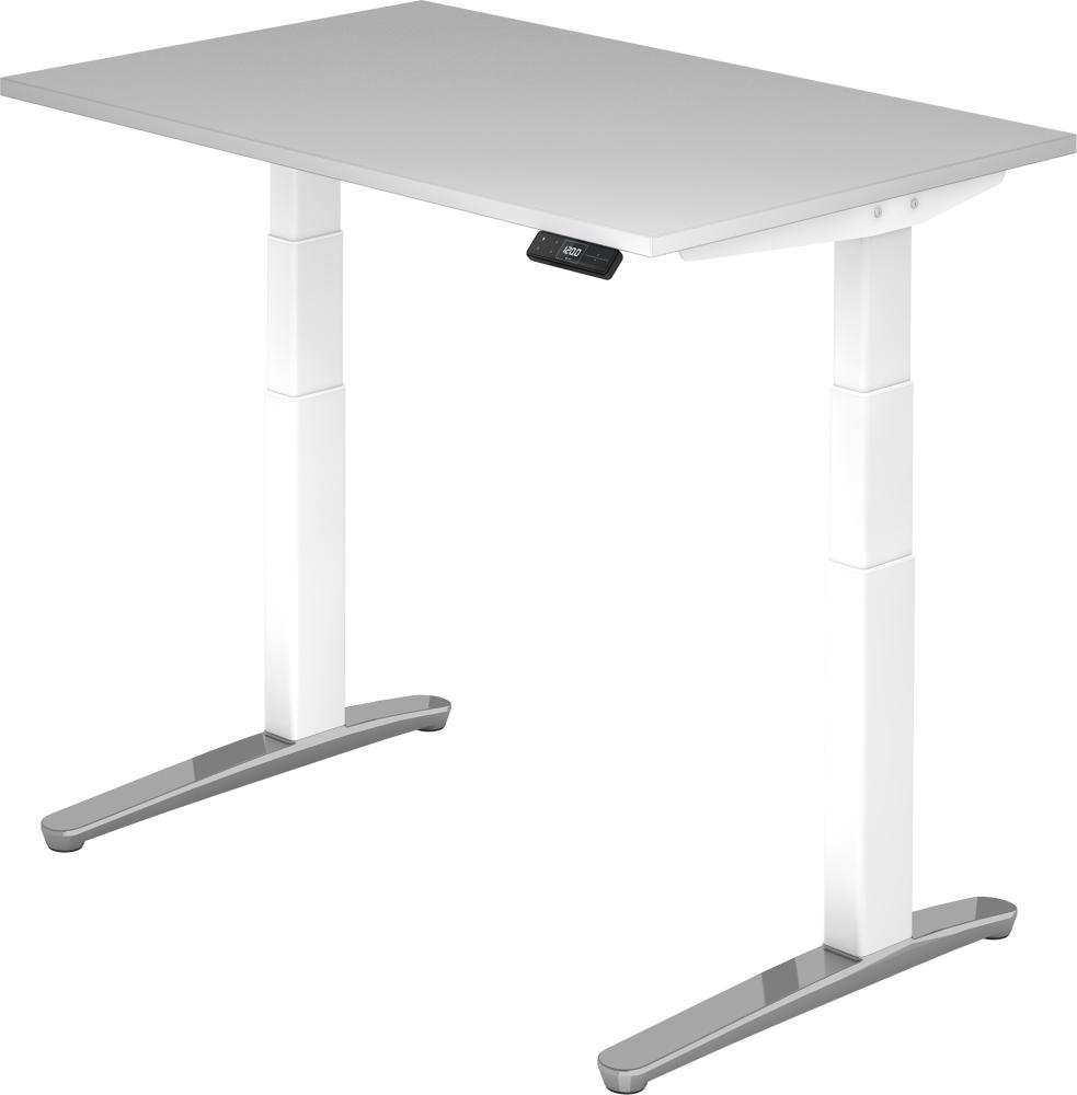 bümö® Sitz- & Stehschreibtisch Serie-XBHM elektrisch höhenverstellbar mit Memoryfunktion, Tischplatte 120 x 80 cm in Grau Gestell in weiß / aluminium poliert Bild 1